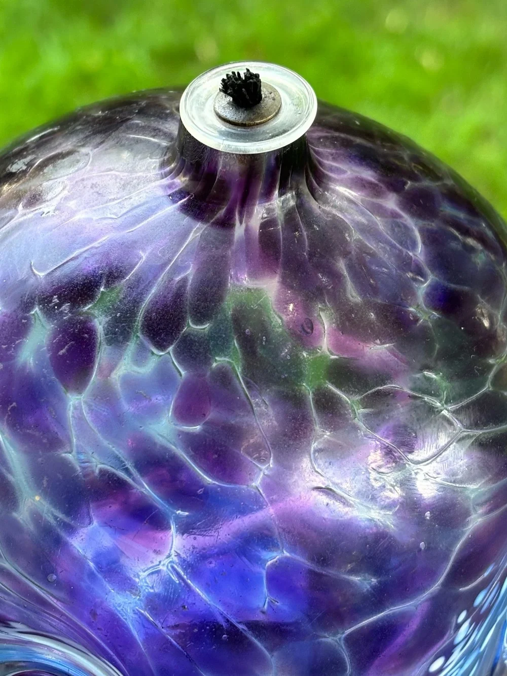 Hand Blown Canadian Glass Oil Lamp Purple/Blue Swirl Crackle Finish Vtg